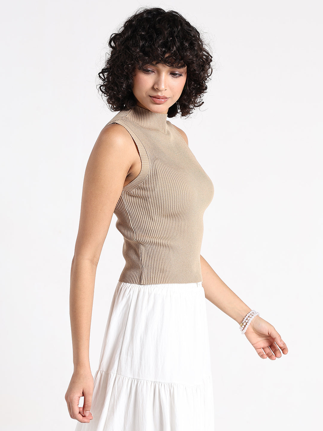 Women's Beige Ribbed Sleeveless High Neck Top