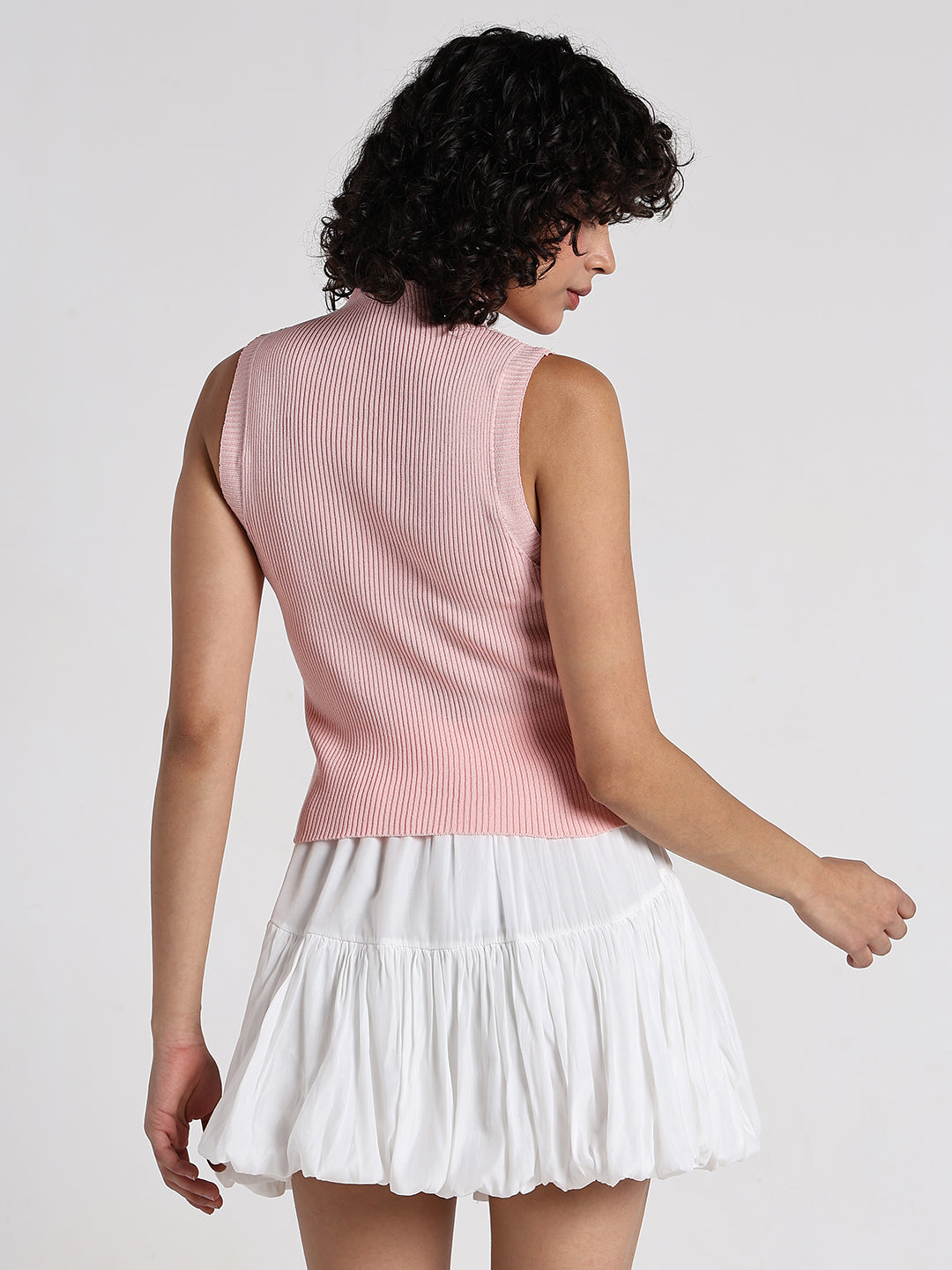 Women's Peach Ribbed Sleeveless High Neck Top