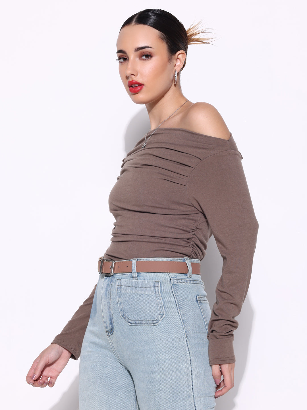 Women's Pleated Olive Boat Neck Full Sleeves Top