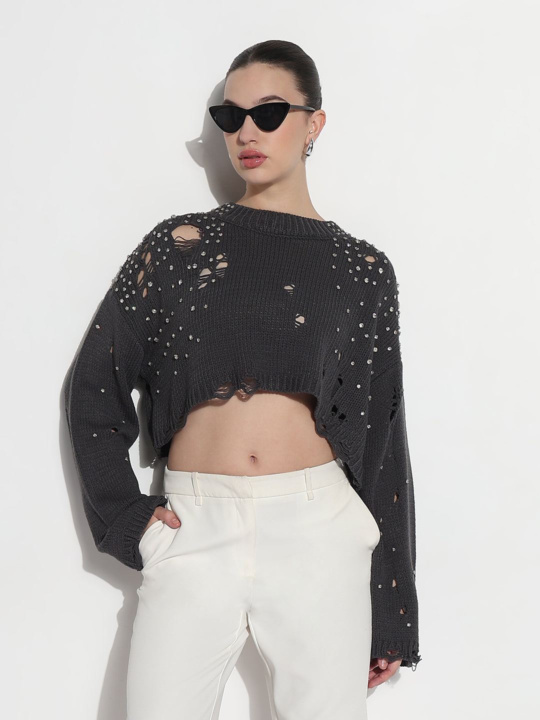 Women's Embellished Charcoal Ripped Crop Top with Studs