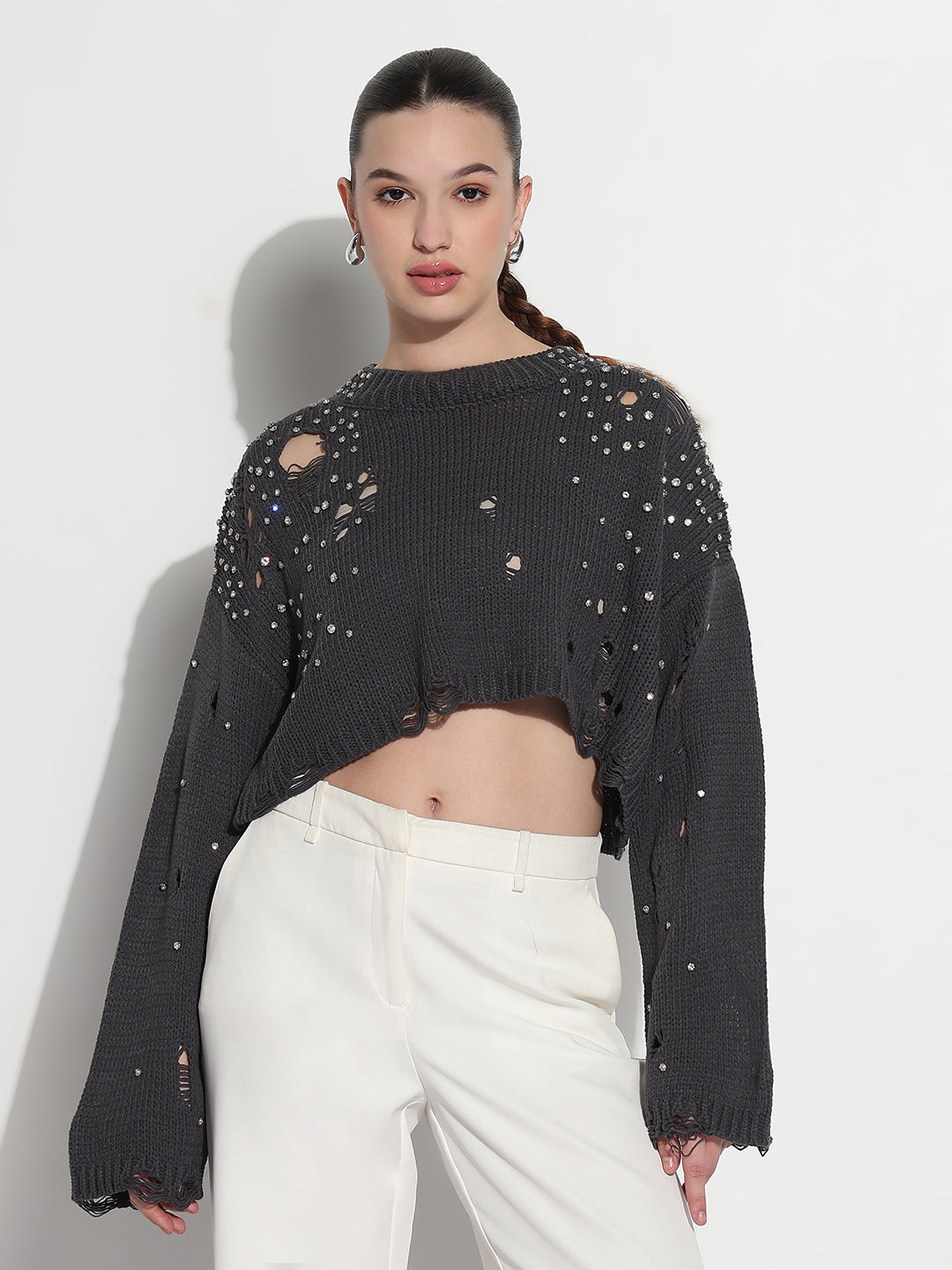 Women's Embellished Charcoal Ripped Crop Top with Studs