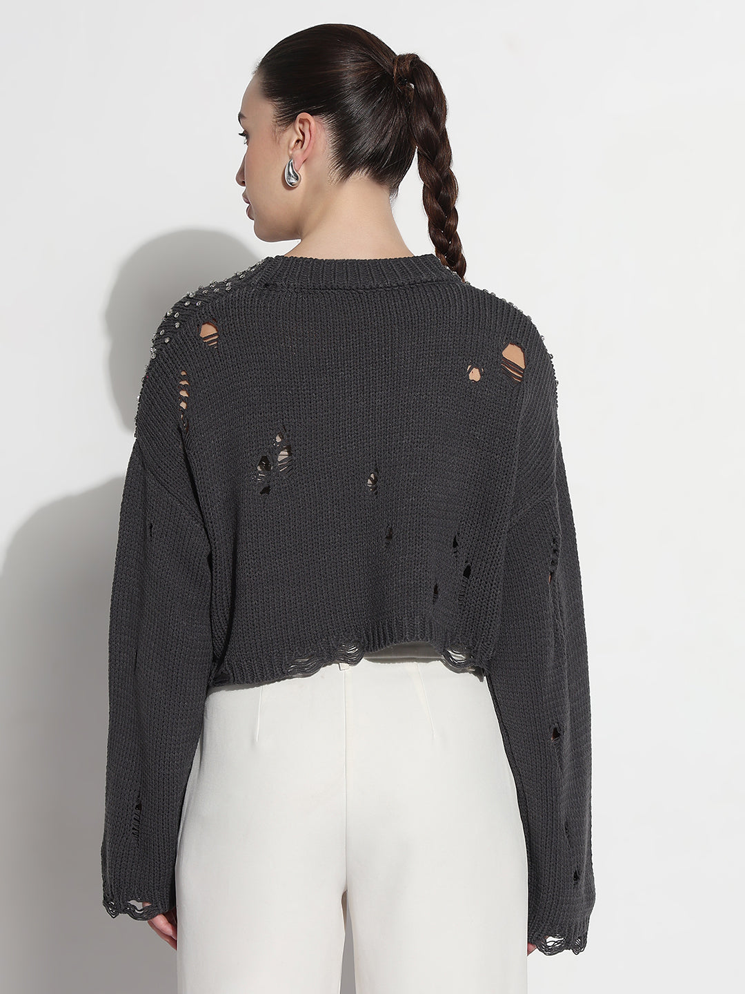 Women's Embellished Charcoal Ripped Crop Top with Studs