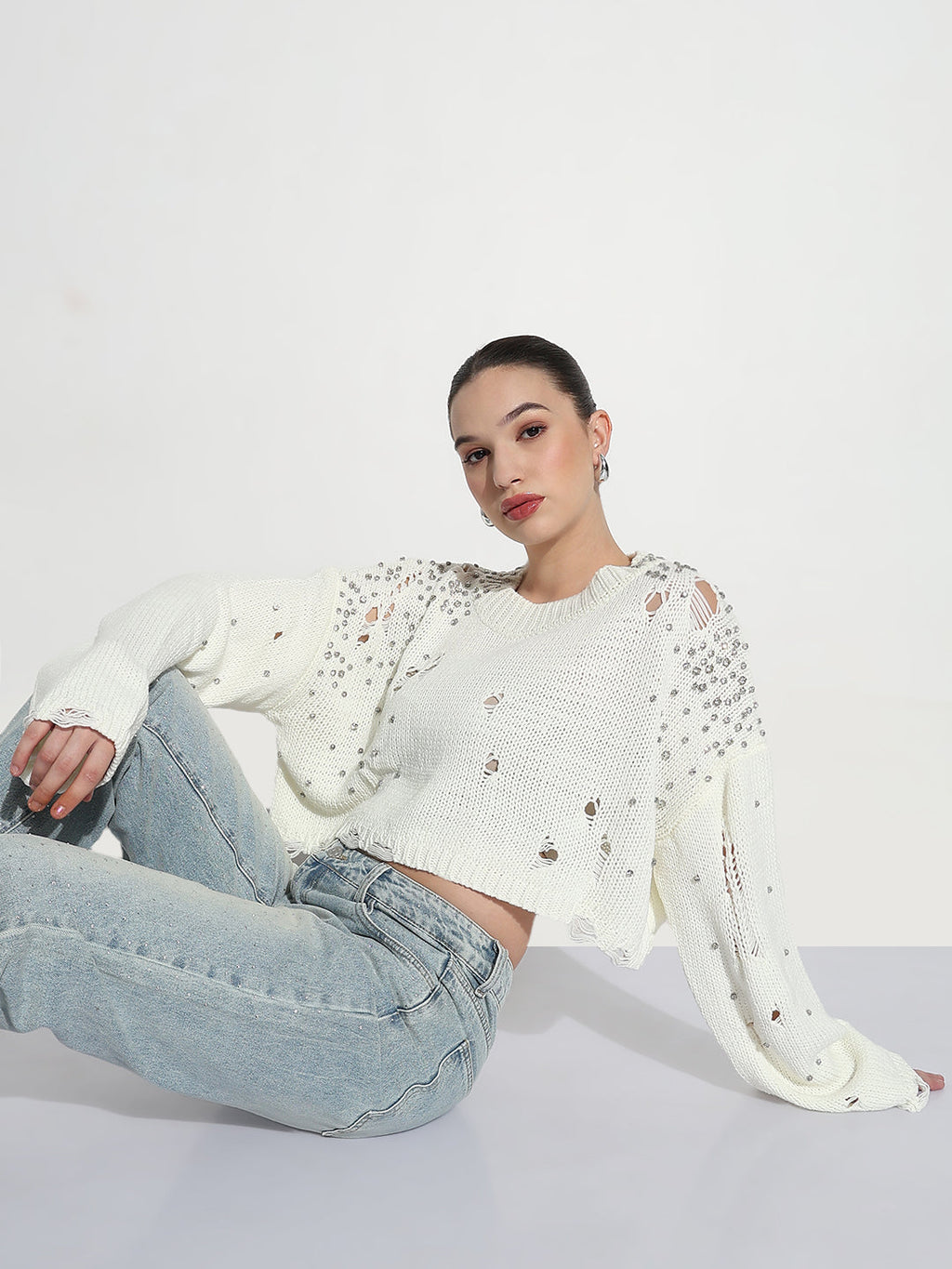 Women's Embellished Off White Ripped Crop Top with Studs