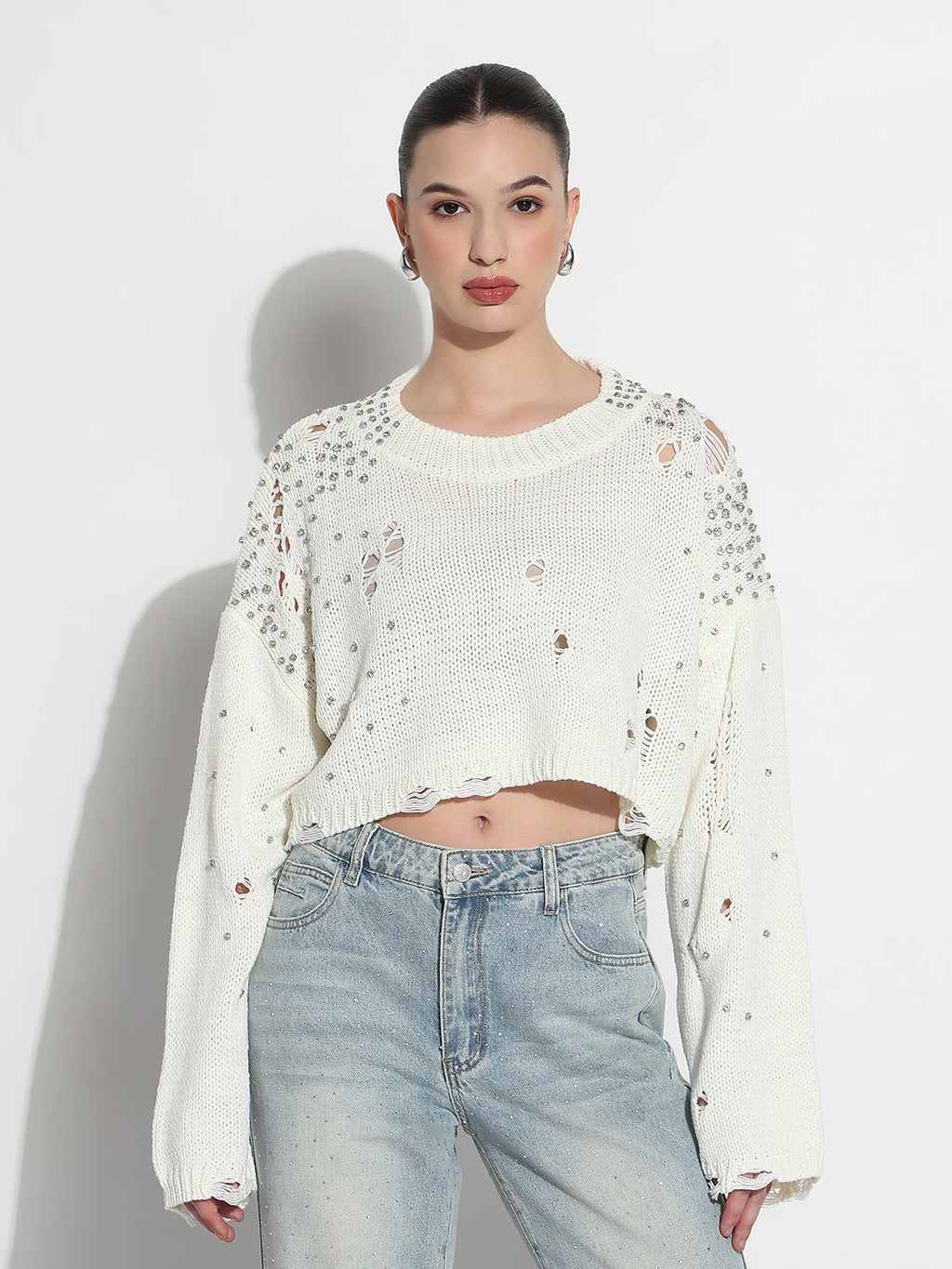 Women's Embellished Off White Ripped Crop Top with Studs