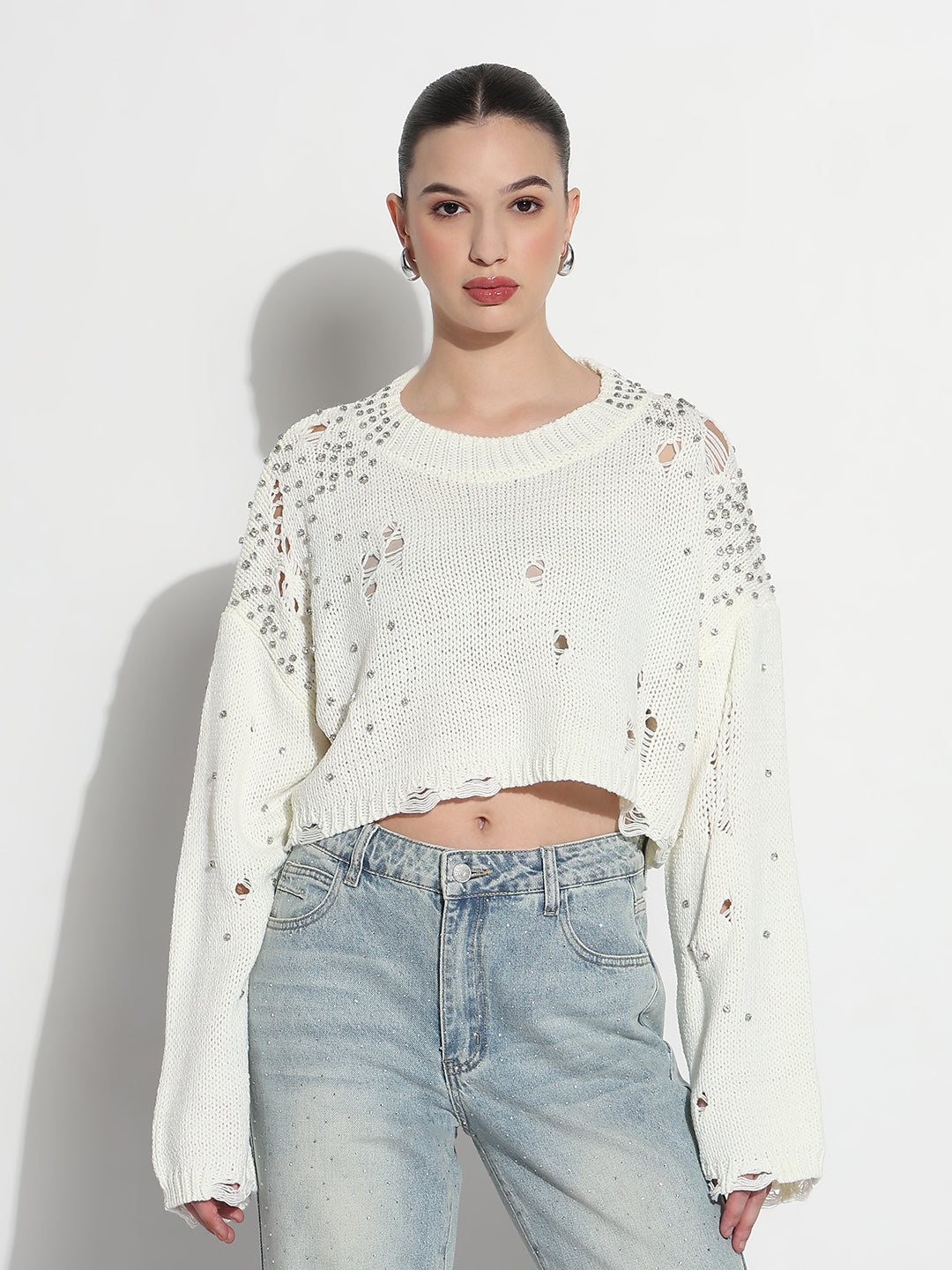 Women's Embellished Off White Ripped Crop Top with Studs
