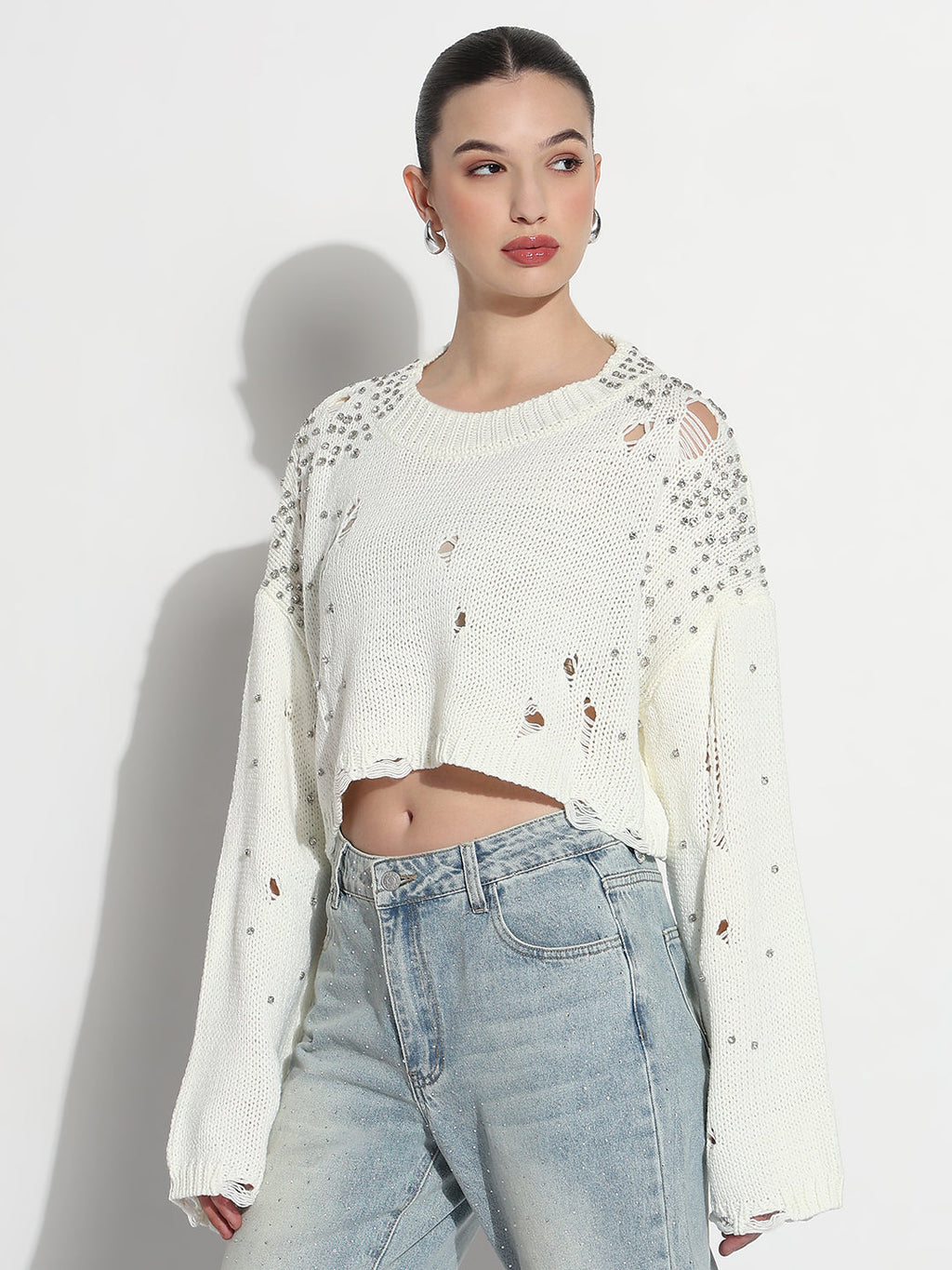 Women's Embellished Off White Ripped Crop Top with Studs