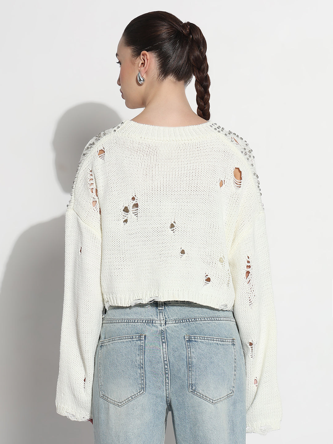 Women's Embellished Off White Ripped Crop Top with Studs