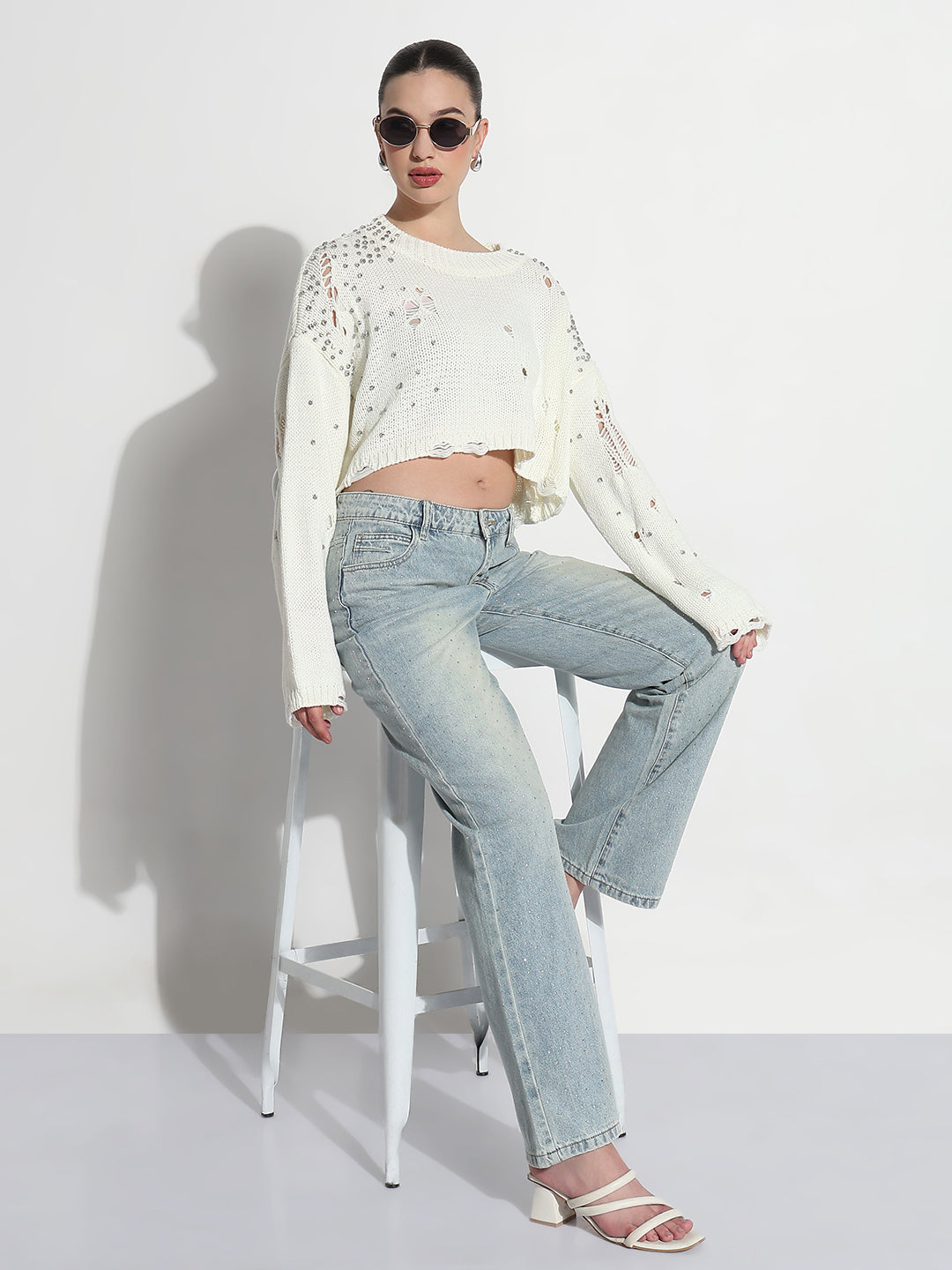 Women's Embellished Off White Ripped Crop Top with Studs