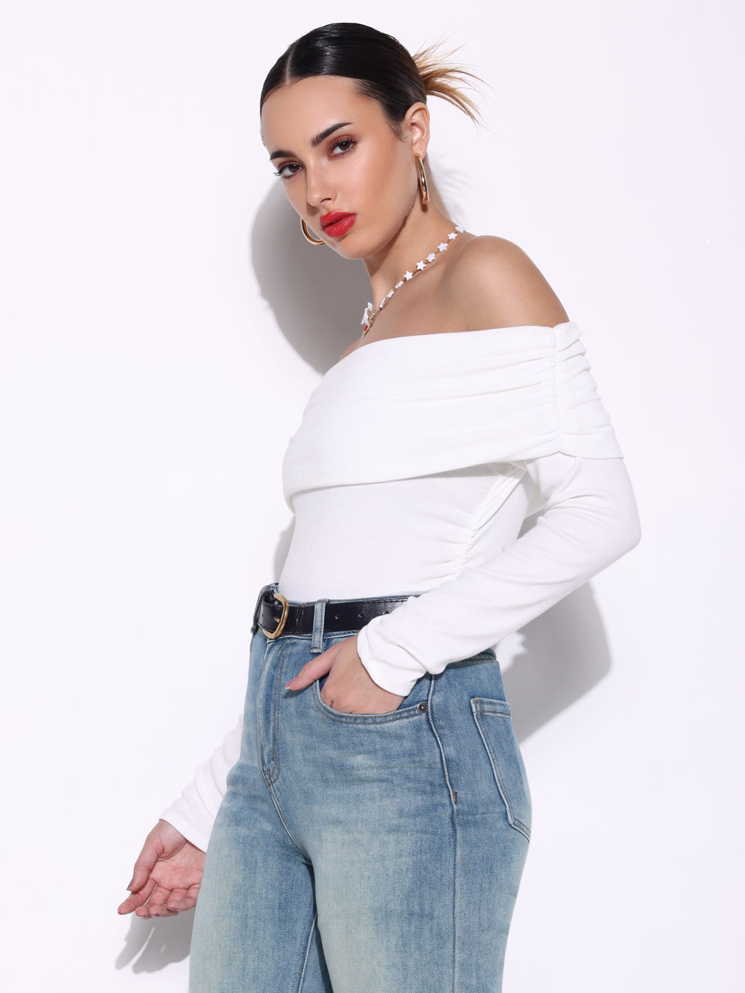 Women's White Ruched Full Sleeves Off Shoulder Top