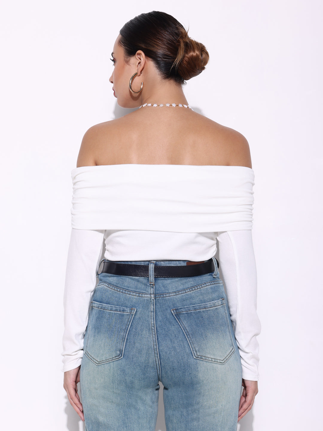 Women's White Ruched Full Sleeves Off Shoulder Top