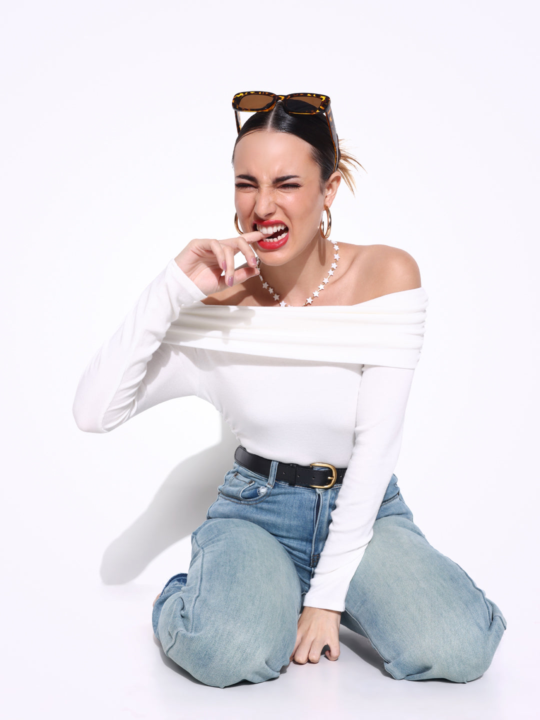 Women's White Ruched Full Sleeves Off Shoulder Top