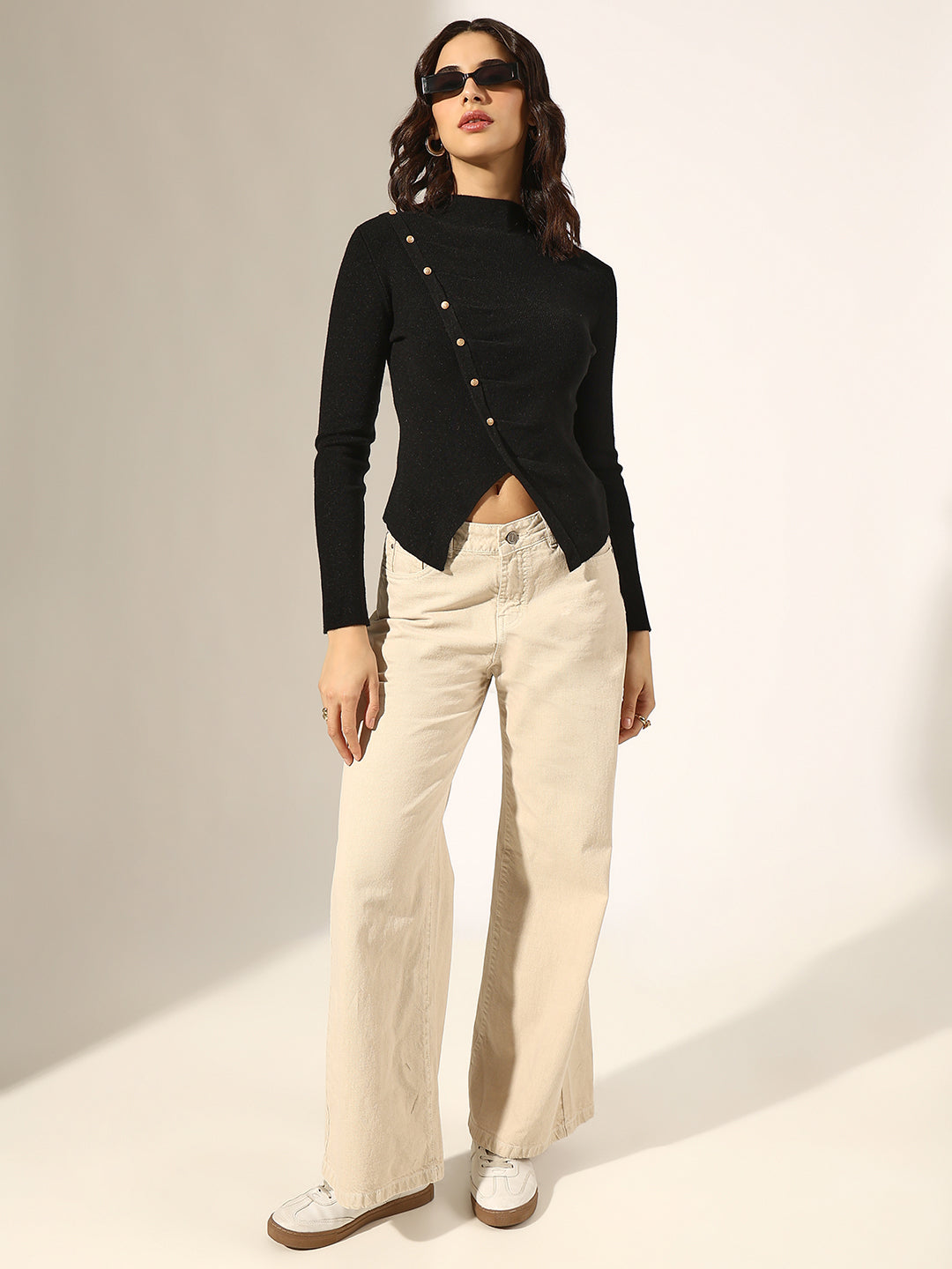 Women's Knitted Black Top with Asymmetric Hem & Button Detail