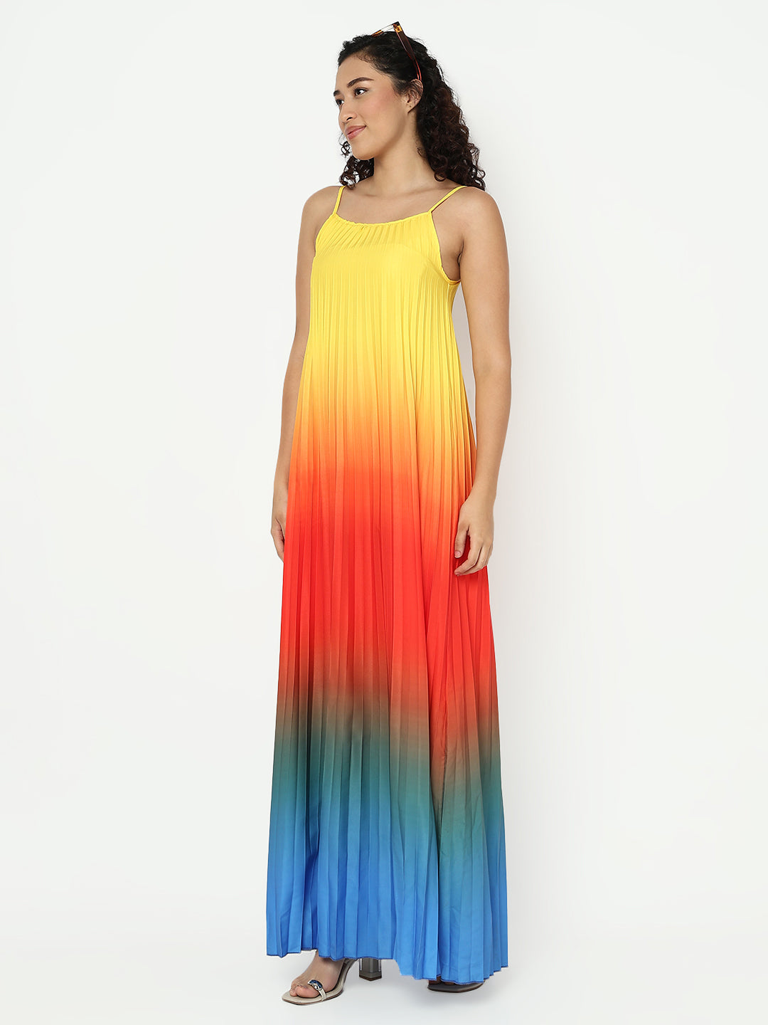 Women's Multicolor Shoulder Straps Maxi Sleeveless Dress with Accordion Pleats