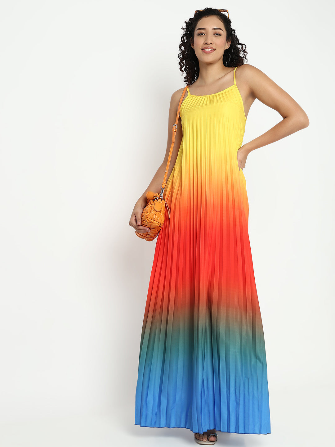 Women's Multicolor Shoulder Straps Maxi Sleeveless Dress with Accordion Pleats