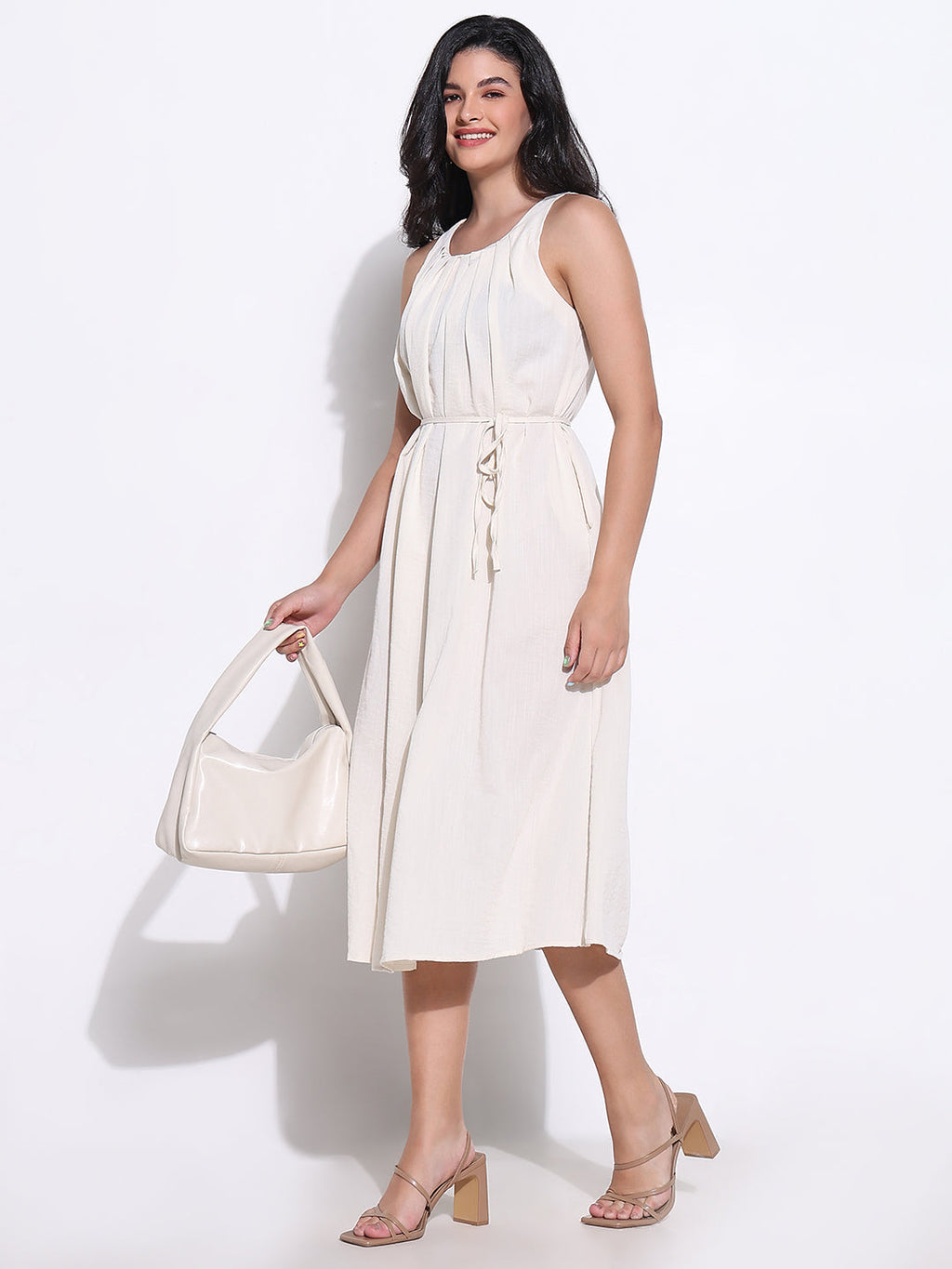 Women's Pleated Cream Round Neck Slip on Midi Dress waist Tie