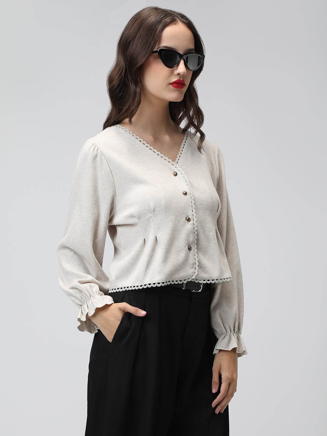 Women's Grey V-Neck Button Down Long Sleeve Crop Top with Trim Detail