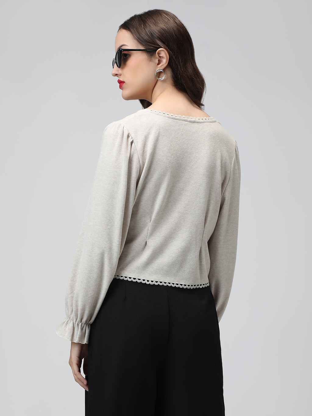 Women's Grey V-Neck Button Down Long Sleeve Crop Top with Trim Detail