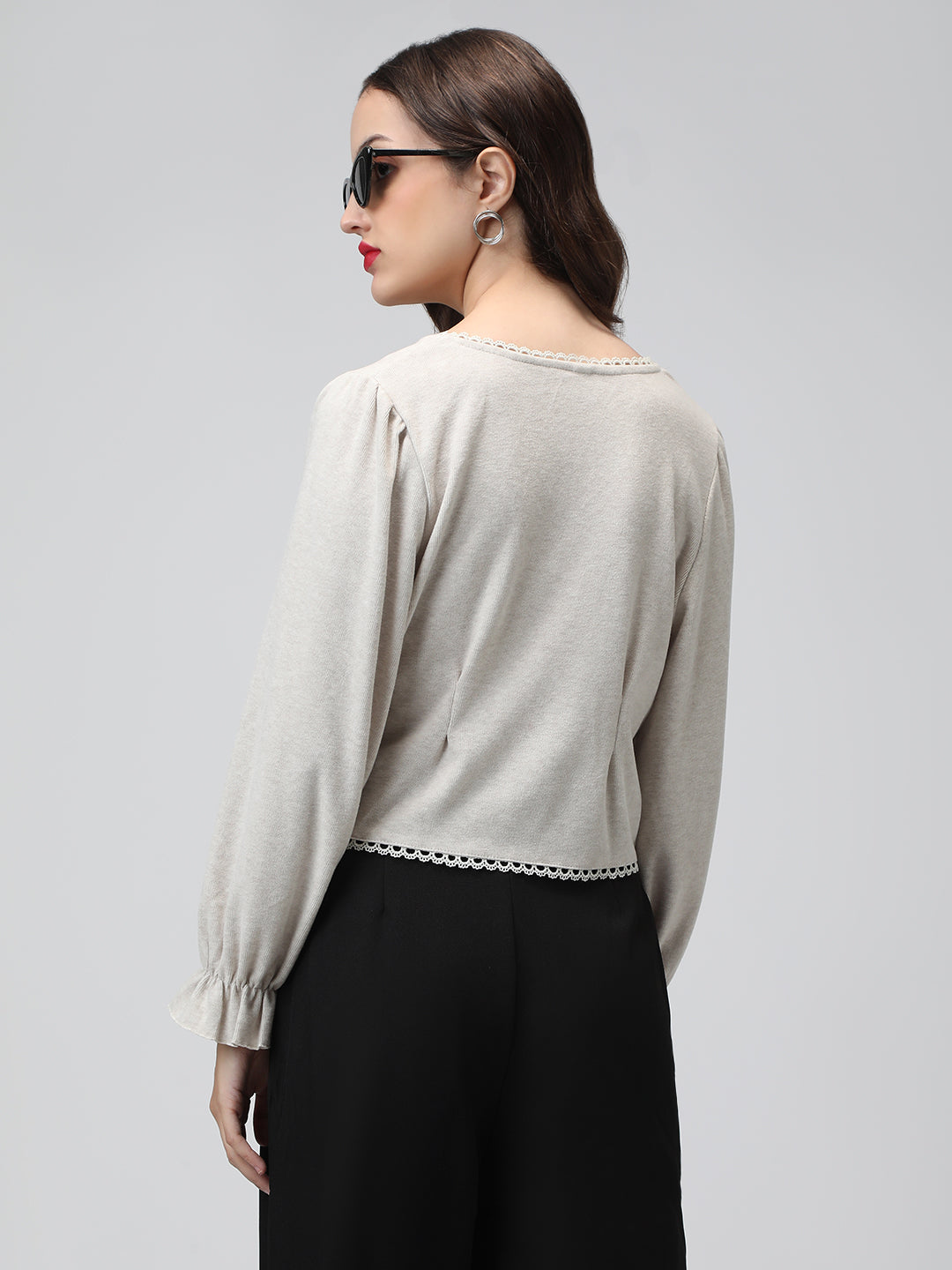 Women's Grey V-Neck Button Down Long Sleeve Crop Top with Trim Detail