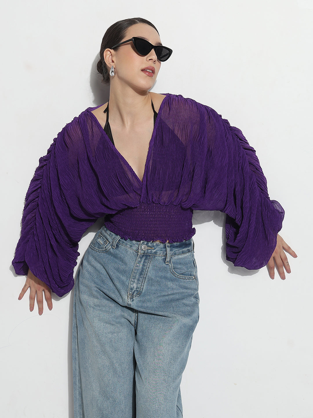 Women's Purple V-neck Ruched Balloon Sleeve Top