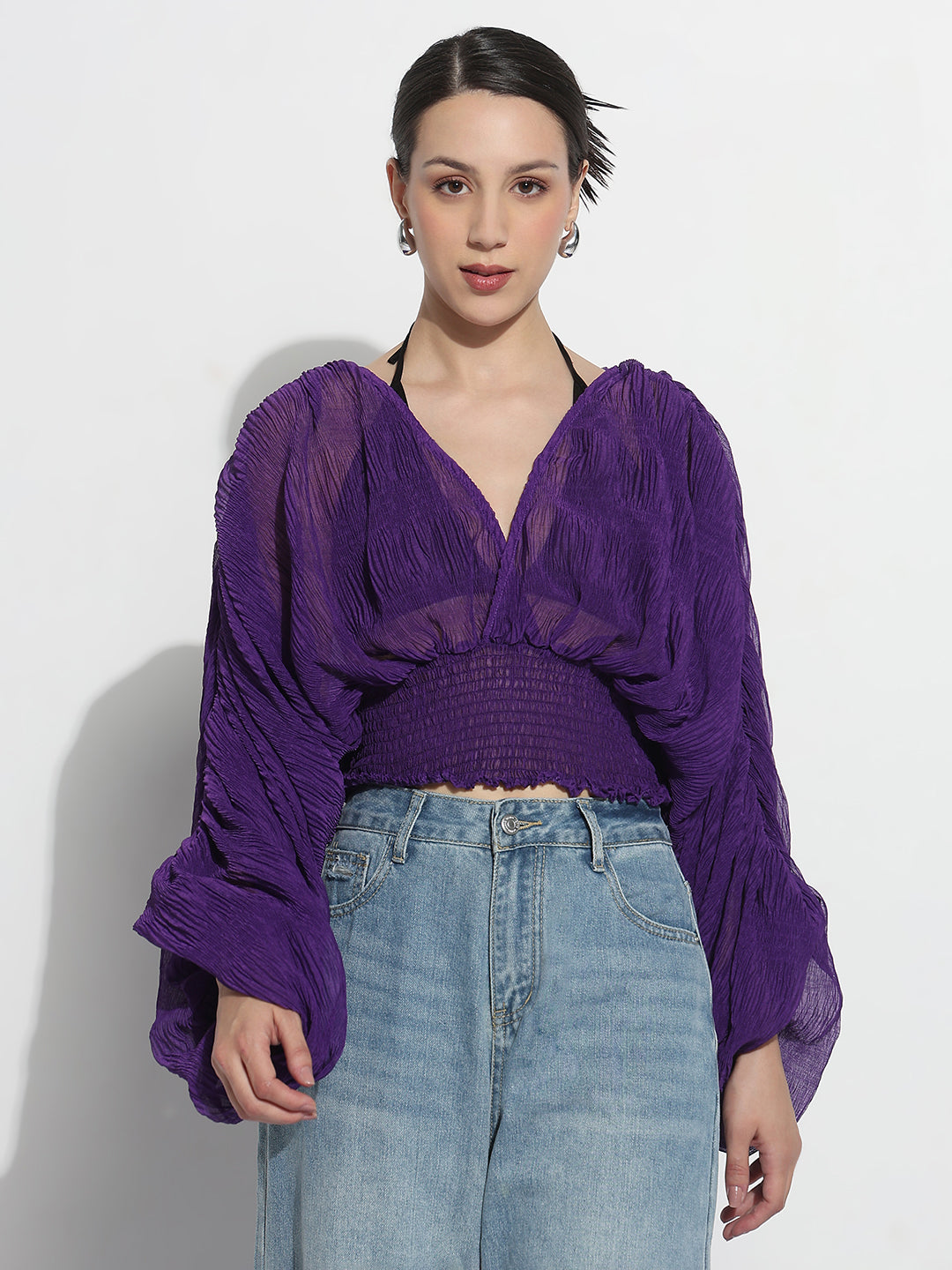 Women's Purple V-neck Ruched Balloon Sleeve Top