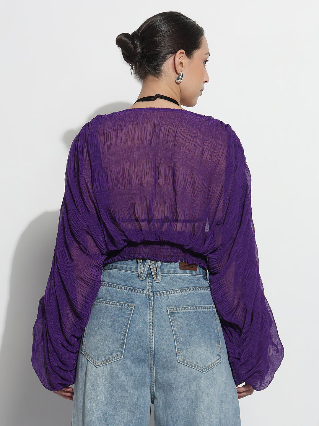 Women's Purple V-neck Ruched Balloon Sleeve Top