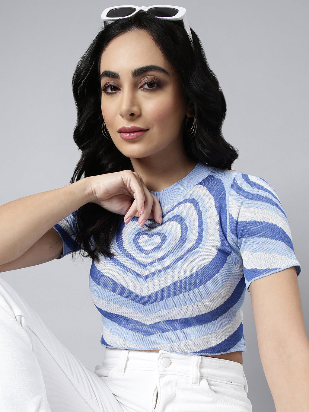 Women's Blue Graphic Fitted Crop Top