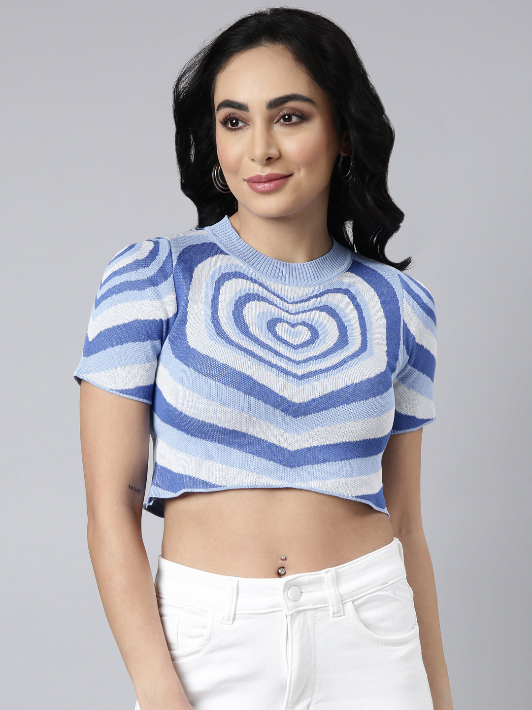 Women's Blue Graphic Fitted Crop Top