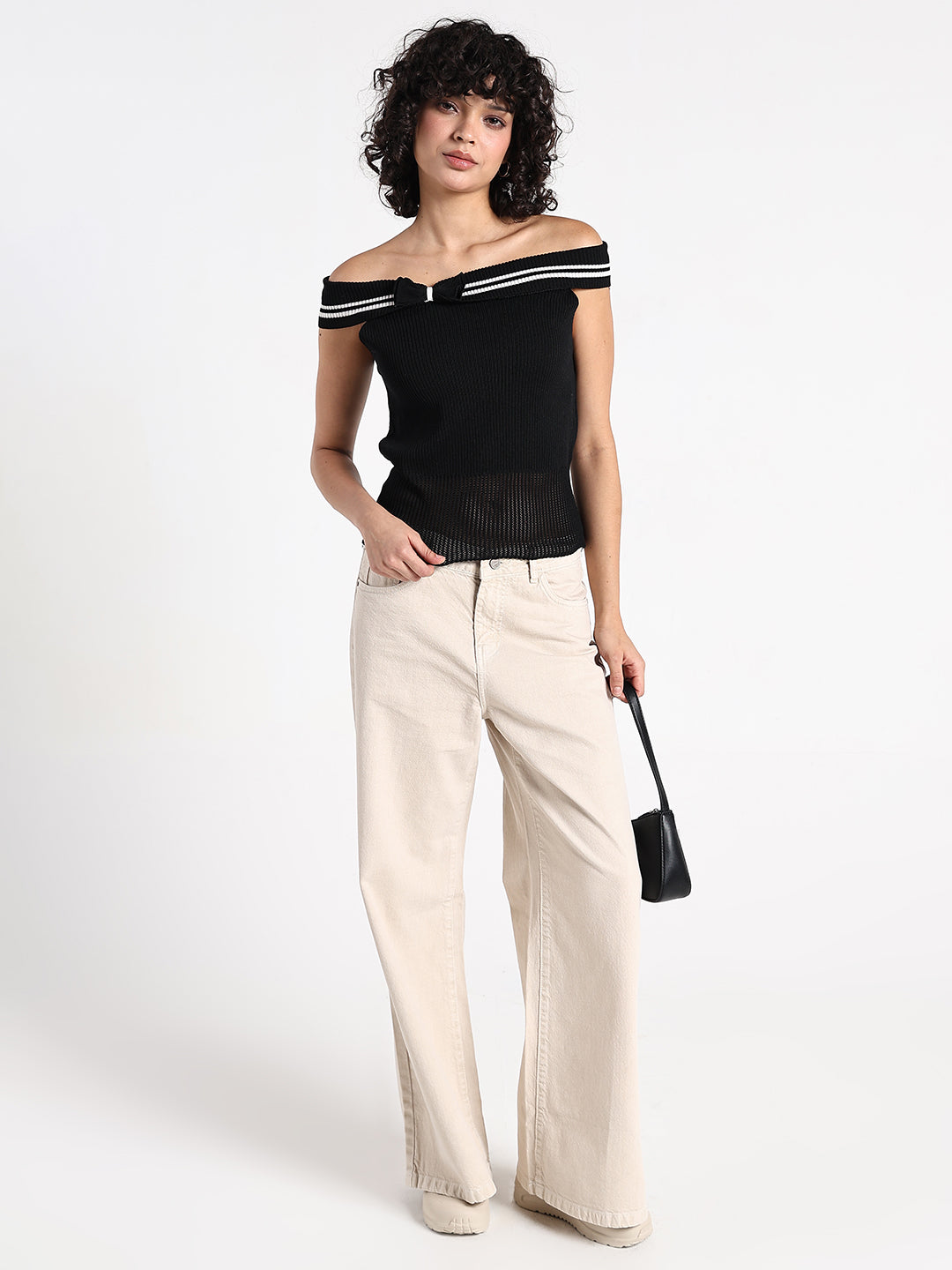 Women's Black Off-Shoulder Knit Top  with Contrast Striped Trim Detail