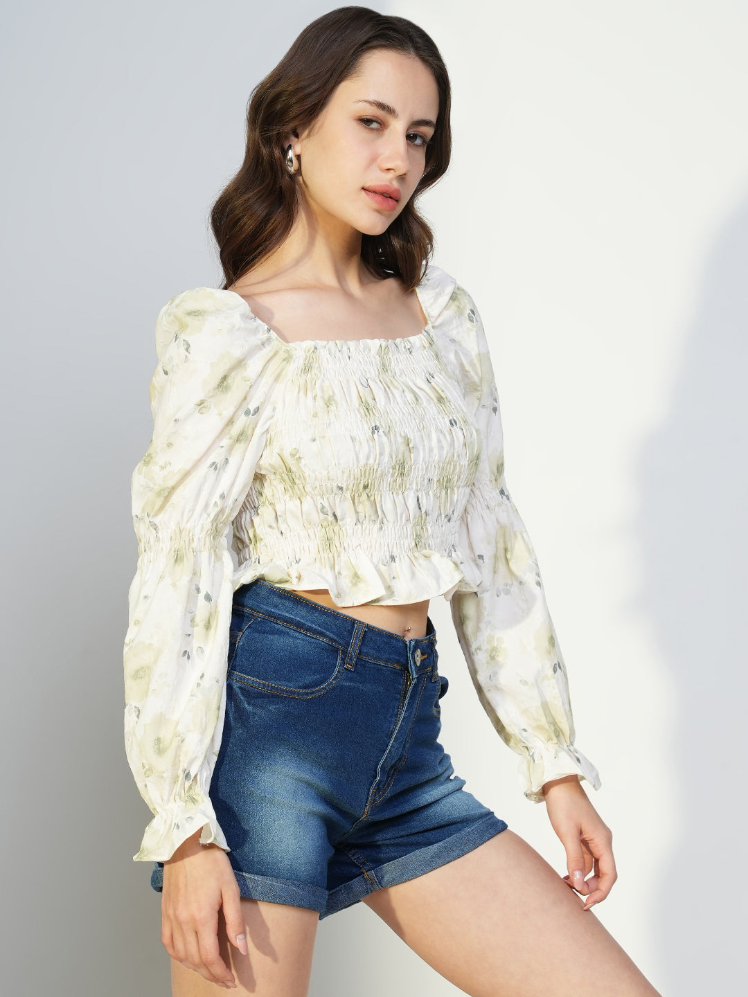 Women's Green Floral Print Puff Sleeve Crop Top