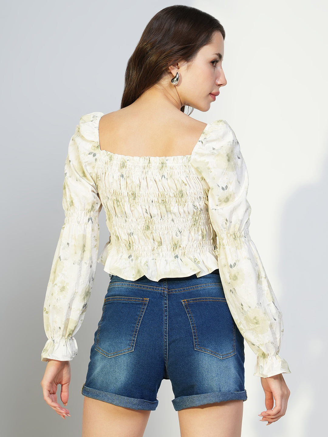 Women's Green Floral Print Puff Sleeve Crop Top