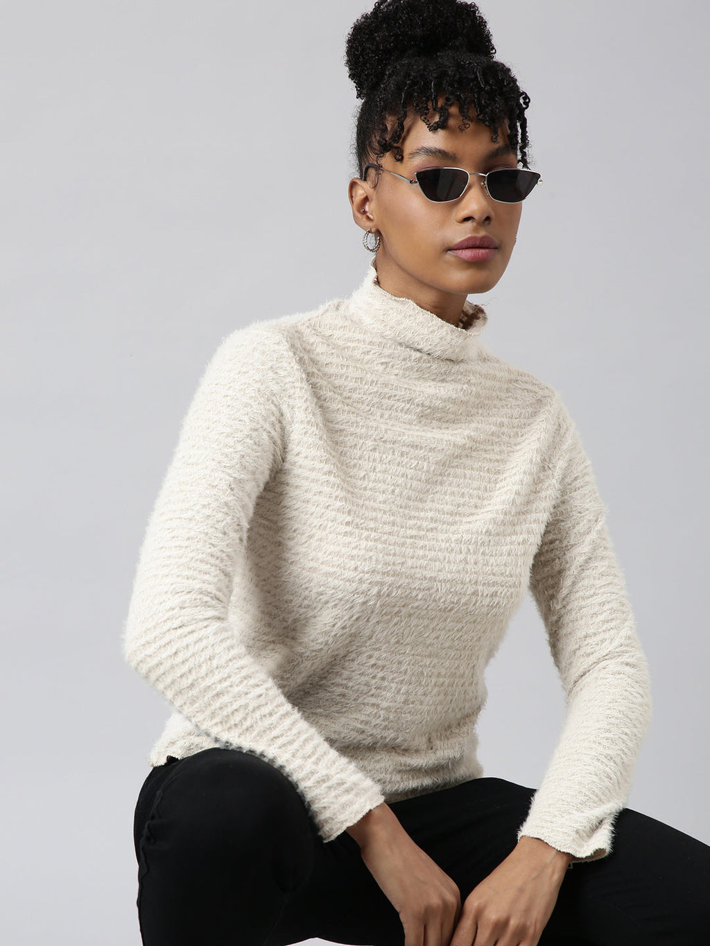 Women's Beige Long Sleeves High Neck Casual Top