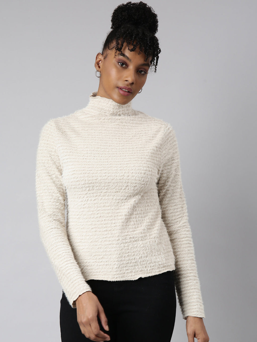 Women's Beige Long Sleeves High Neck Casual Top