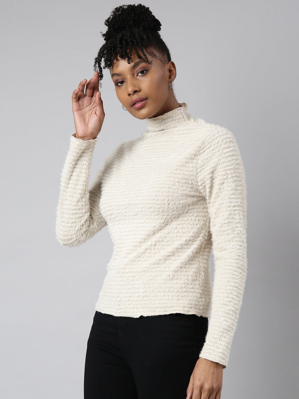 Women's Beige Long Sleeves High Neck Casual Top