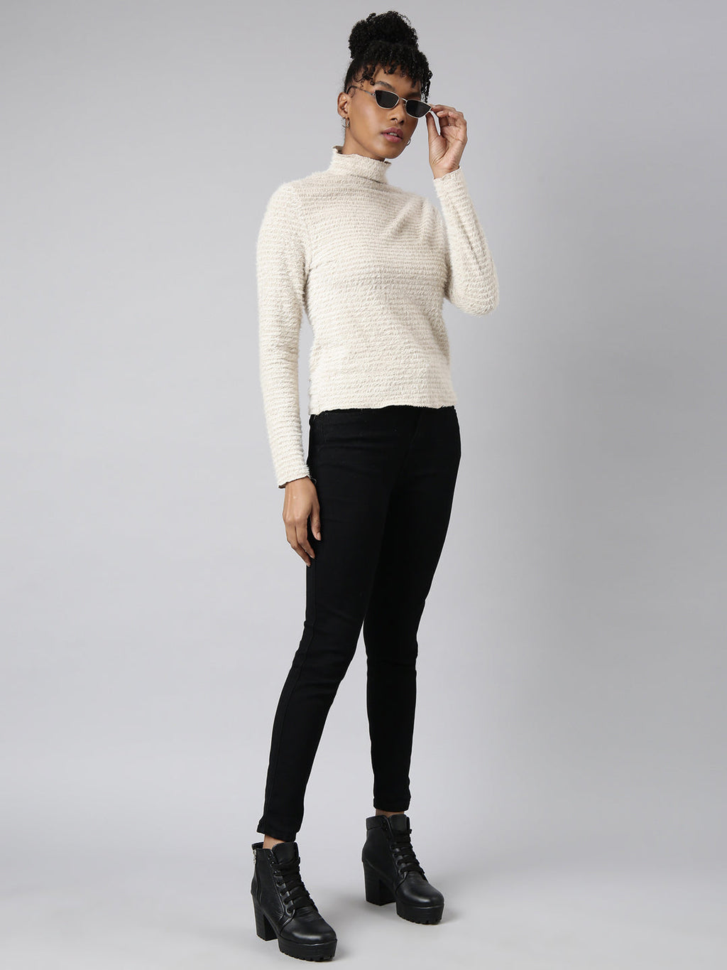 Women's Beige Long Sleeves High Neck Casual Top