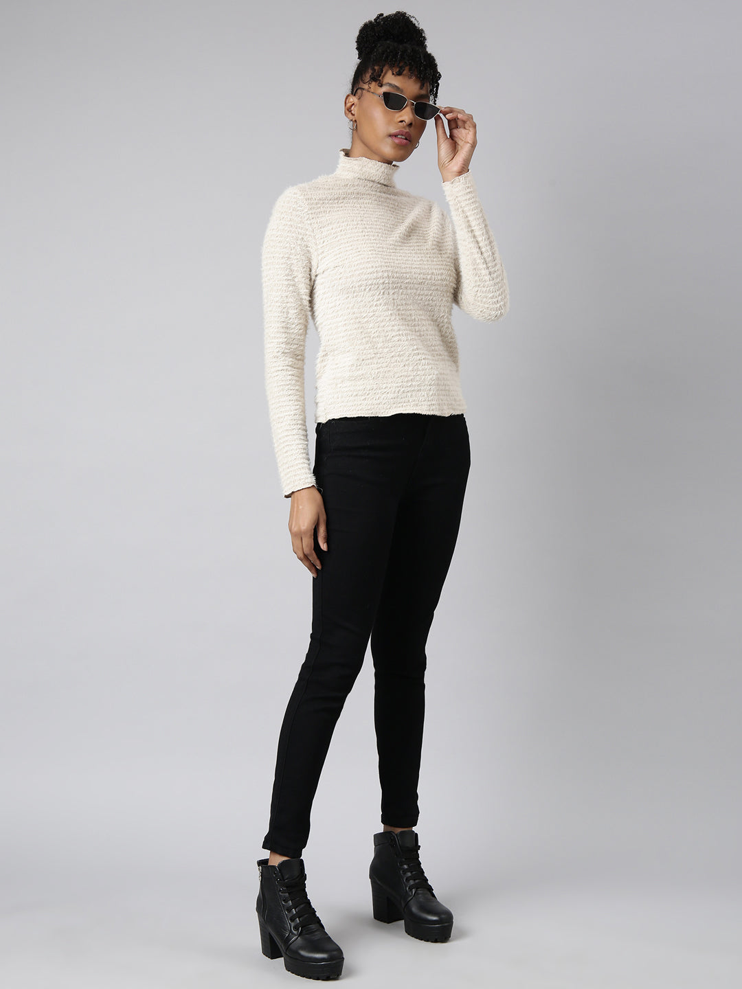 Women's Beige Long Sleeves High Neck Casual Top