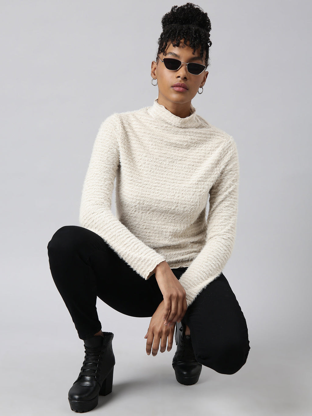 Women's Beige Long Sleeves High Neck Casual Top