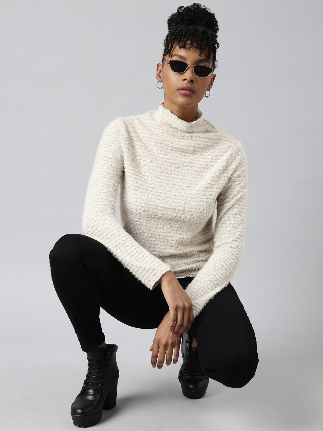 Women's Beige Long Sleeves High Neck Casual Top