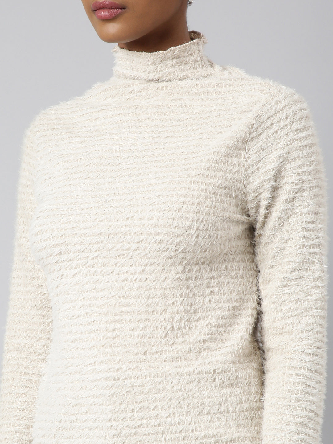 Women's Beige Long Sleeves High Neck Casual Top