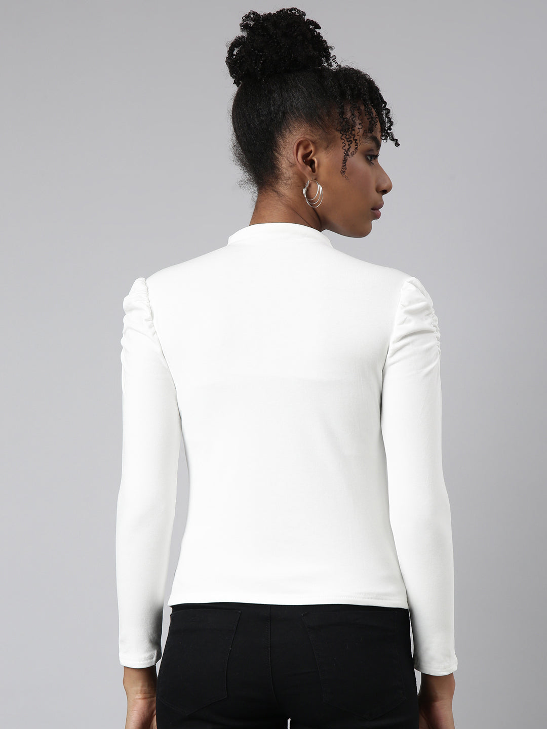 Women's White High Neck Long Sleeves Top Comes With Chain