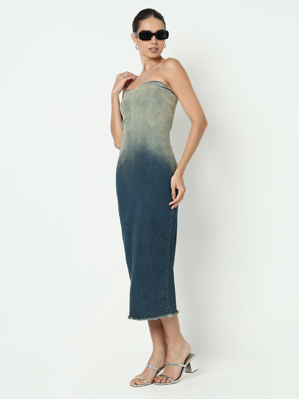Women's Ombre Blue Bodycon Maxi Dress with Back Slit