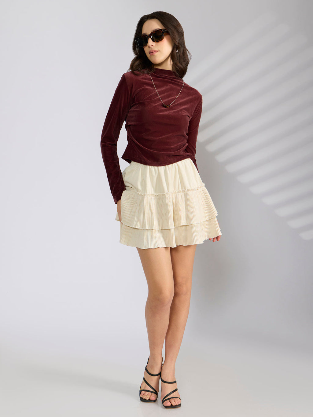 Women's Burgundy Velvet Fitted Ruched Top with Chain