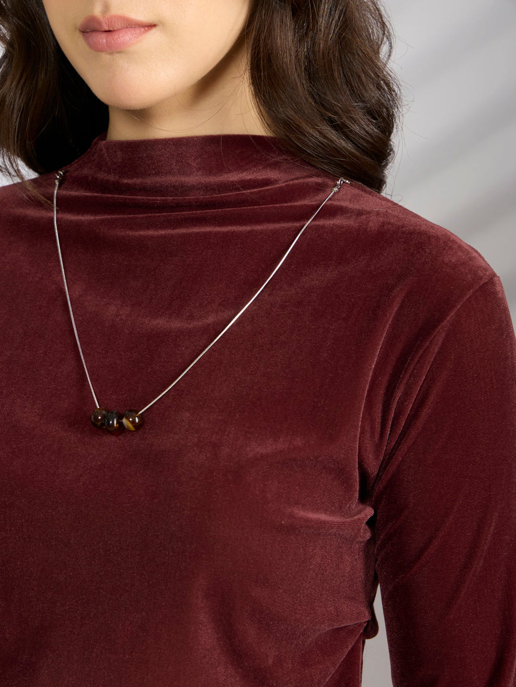 Women's Burgundy Velvet Fitted Ruched Top with Chain