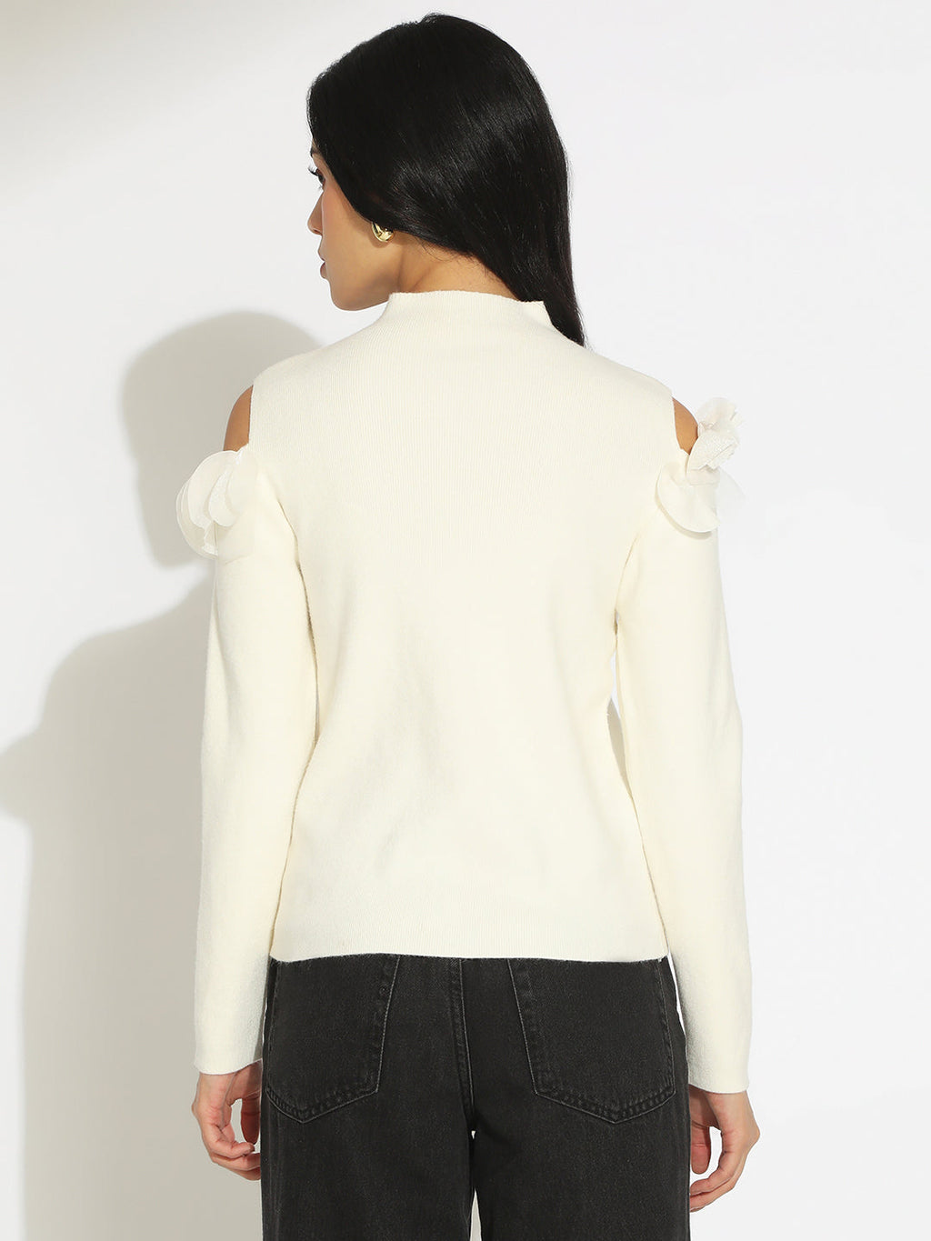 Women’s Knitted White Cold Shoulder Ruffle Top