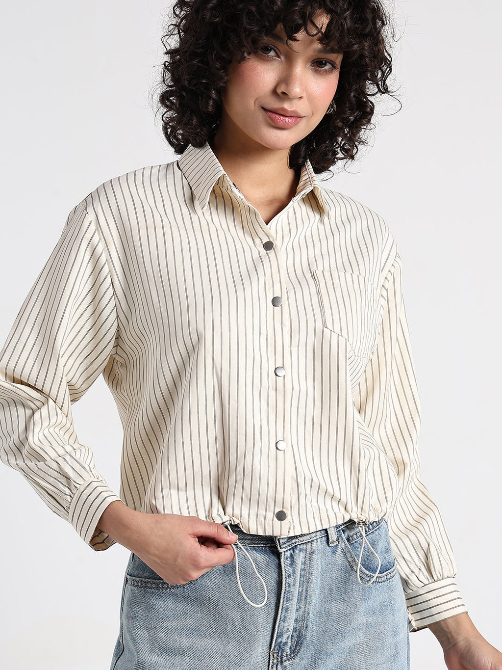 Women's Pinstripes Cream Shirt Style Top with Toggle Hem
