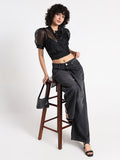 Women's Black Sheer Puff Sleeve Wrap Crop Top with Floral Applique