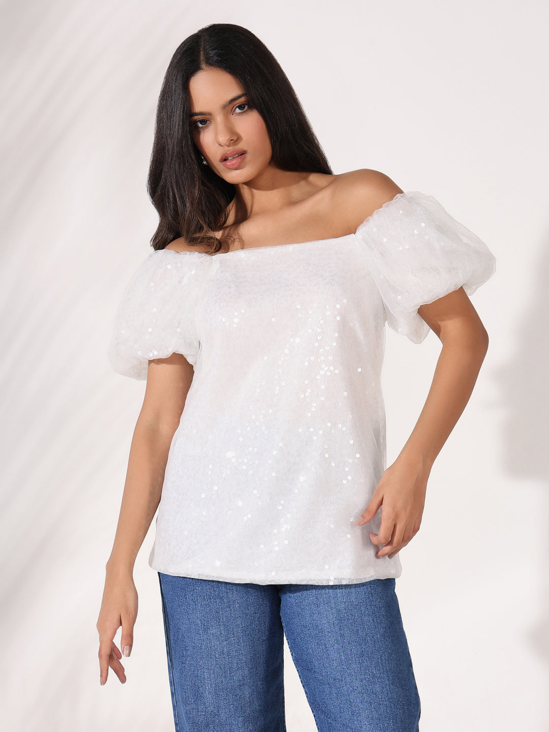 Women's White Embellished Off-Shoulder Puff Sleeve Net Top