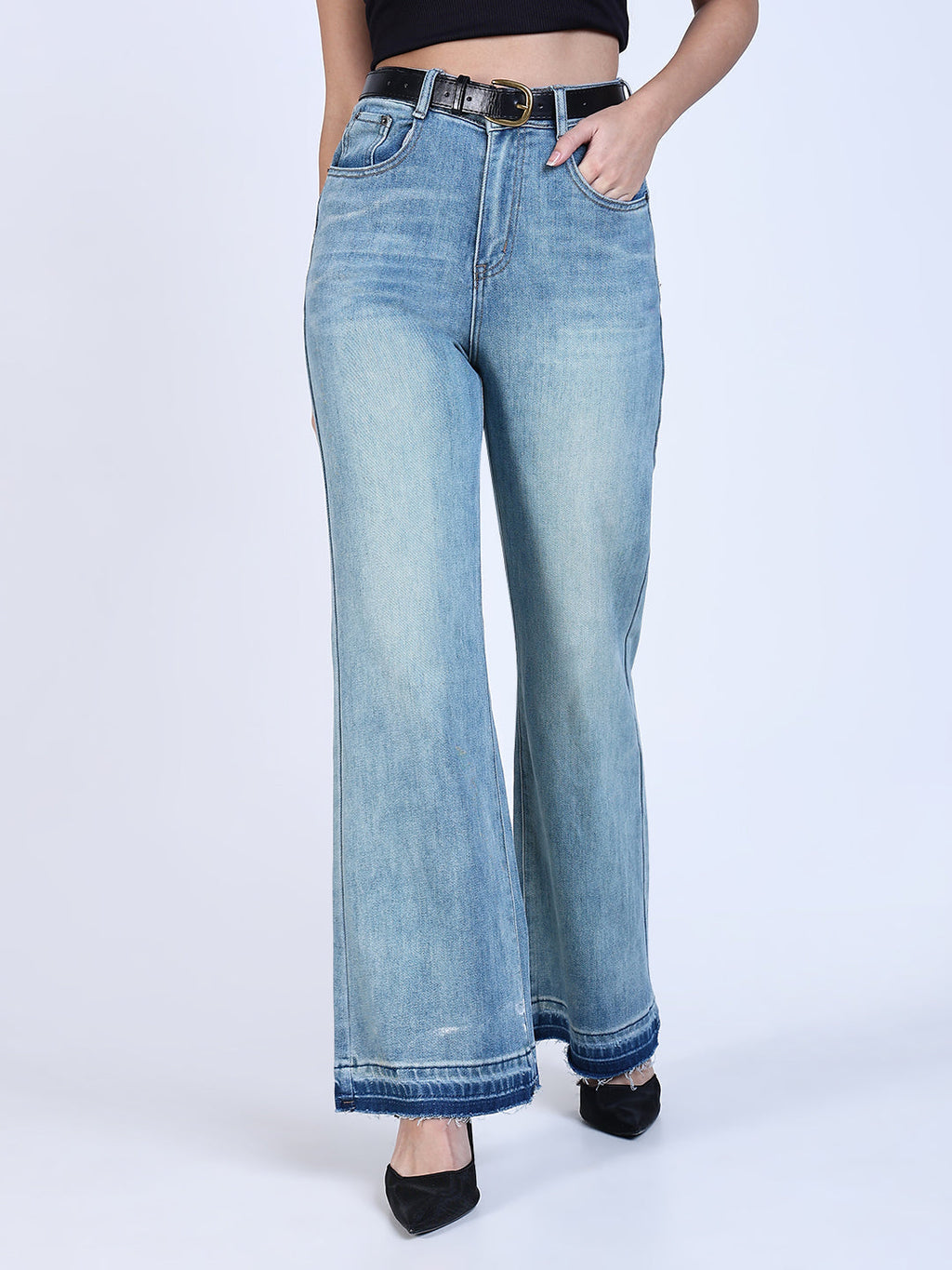 Women's Shaded Blue Mini Flare Fit Jeans with Hem Detail