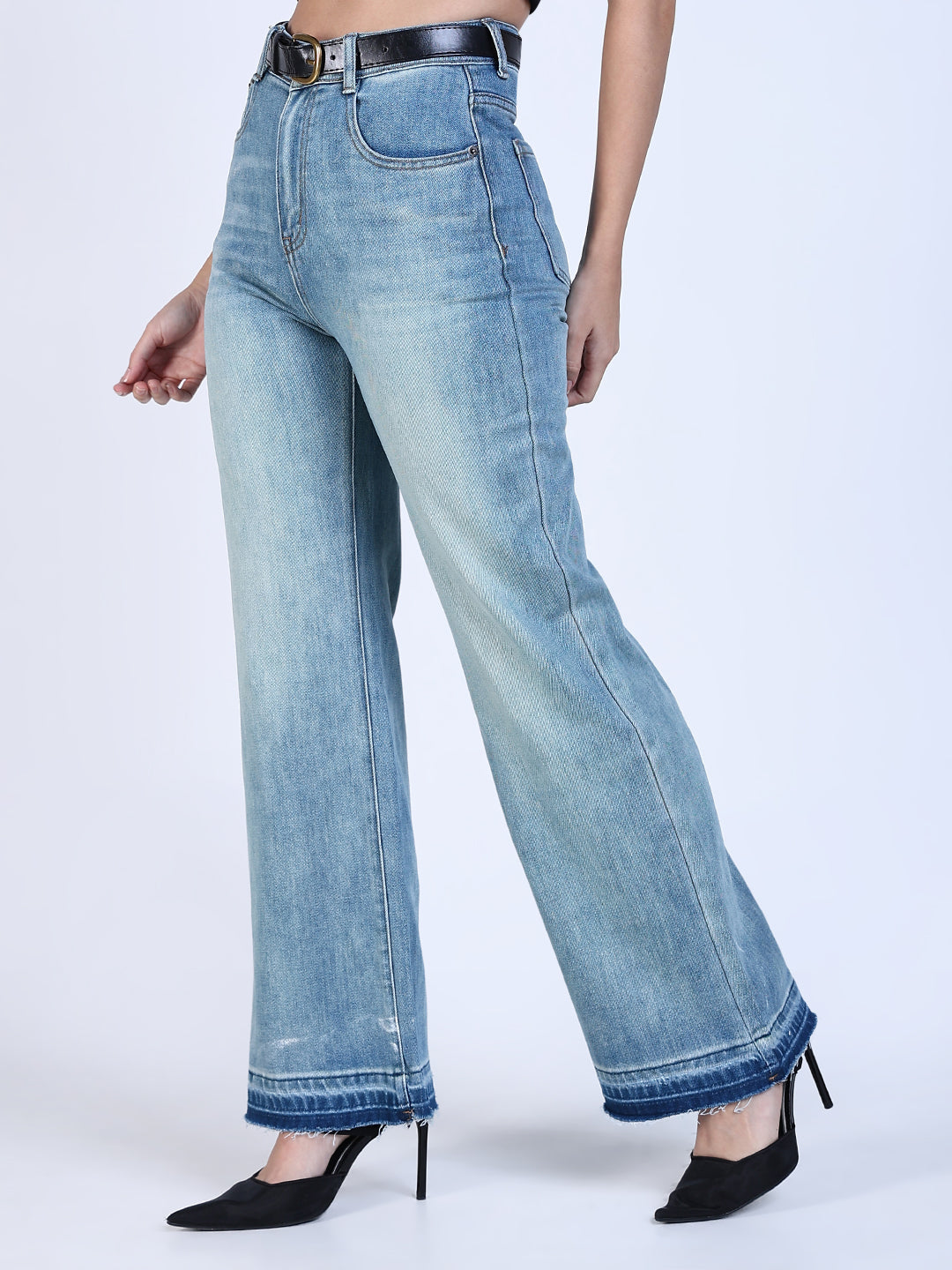 Women's Shaded Blue Mini Flare Fit Jeans with Hem Detail
