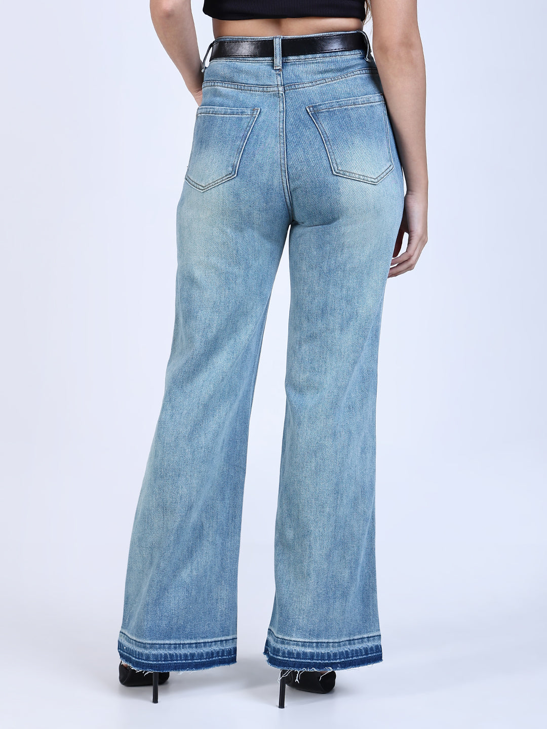 Women's Shaded Blue Mini Flare Fit Jeans with Hem Detail