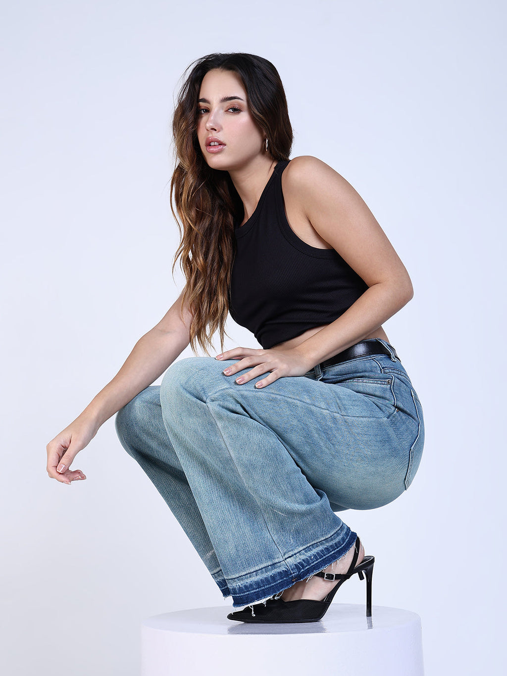 Women's Shaded Blue Mini Flare Fit Jeans with Hem Detail